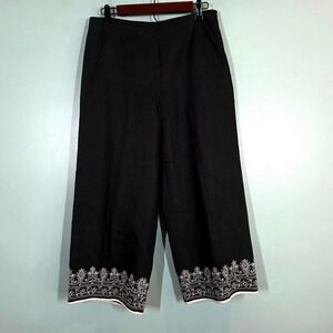 Richard Malcolm Irish Linen Pants Womens 8 Black Embroidered Wide Leg Cropped